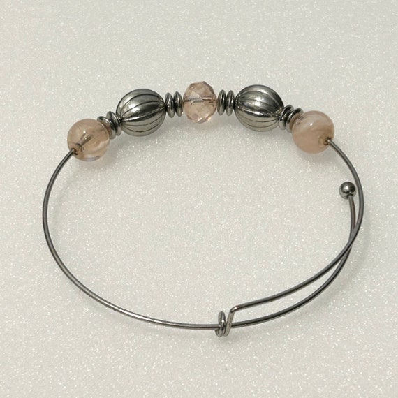 Adjustable Silver Tone Bangle: Cream Swirl Lucite… - image 2