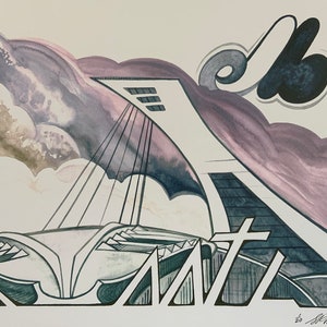 Watercolor print on poster of Montreal's Olympic Stadium