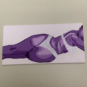 May include: Purple painting of a person lying down wearing a sparkly bra and underwear. The person has a cross tattoo on their leg.