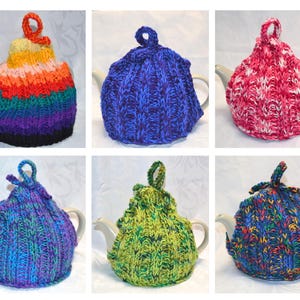 May include: Six colourful knitted teapot cosies in various patterns and colours, including rainbow, blue, pink, green, and blue with purple accents.