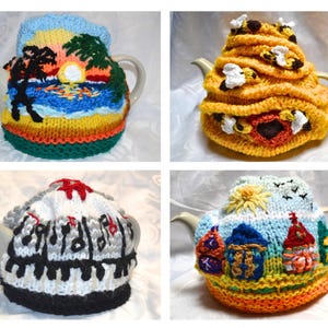 May include: Four distinct knitted tea cosies covering ceramic teapots. Designs include a tropical sunset with palm trees, a yellow beehive with bees, a piano keyboard with musical notes, and a row of colourful houses under a bright sun.