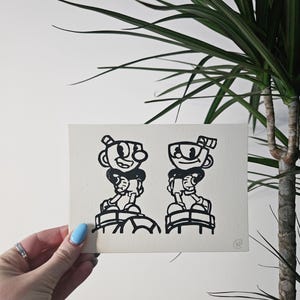 Cuphead und Mugman handgemachte gedruckte Karte
