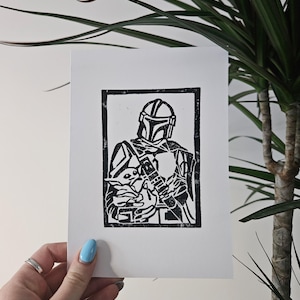 Carte imprimée à la main avec personnage Mandalorian et Grogu Star Wars