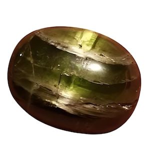 May include: A smooth, oval-shaped green gemstone with dark green and black striations. The stone has a reflective, almost iridescent quality.