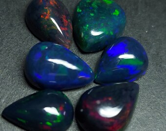 6 natural black opal cabochons - loose welo opal gemstone 18.95 CTS - pear shapes 13 x 9 mm - October birthstone - Ethiopian rainbow stone