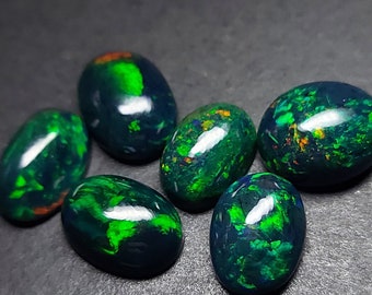 6 green flash Opal cabochons - loose natural black opal gemstone 17.15 CTS - oval shape 12 x 9 mm - October birthstone - Ethiopian welo