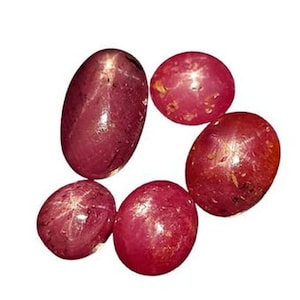 Peut inclure: Cinq pierres précieuses de rubis étoilés rouges, chacune ayant une forme et une taille différentes. Les pierres précieuses sont polies et ont une finition brillante.