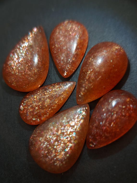 6 natural Sunstone cabochons - untreated aventurescent feldspar gemstone 39.50 CTS - pear shapes - loose orange stone for jewelry making