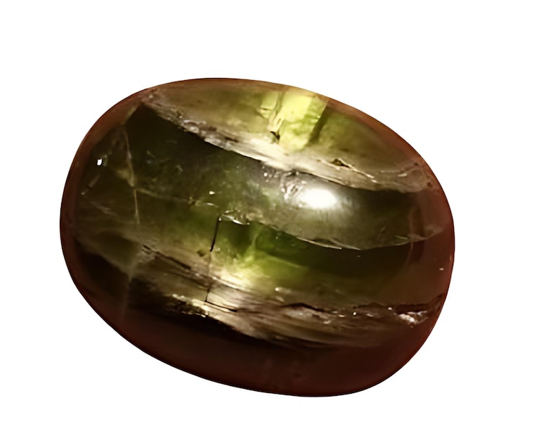 May include: A smooth, oval-shaped green gemstone with dark green and black striations. The stone has a reflective, almost iridescent quality.