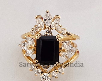 Natural Black Onyx Ring, Trio Bridal Ring Set, Emerald Cut, 925 Sterling Silver, Unique Engagement Ring Set, Black Stone Ring, Wedding Gift
