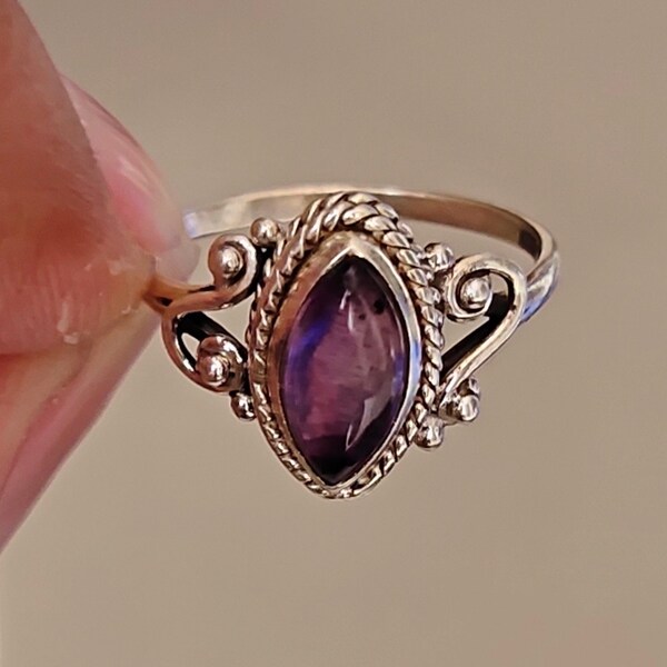 Purple Amethyst Ring: 925 Sterling Silver Marquise Gemstone, Handmade Boho Jewelry