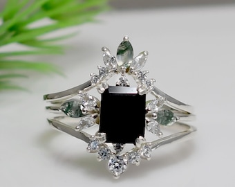 Anillo de plata de ley con ónix negro: trío nupcial de ágata musgosa