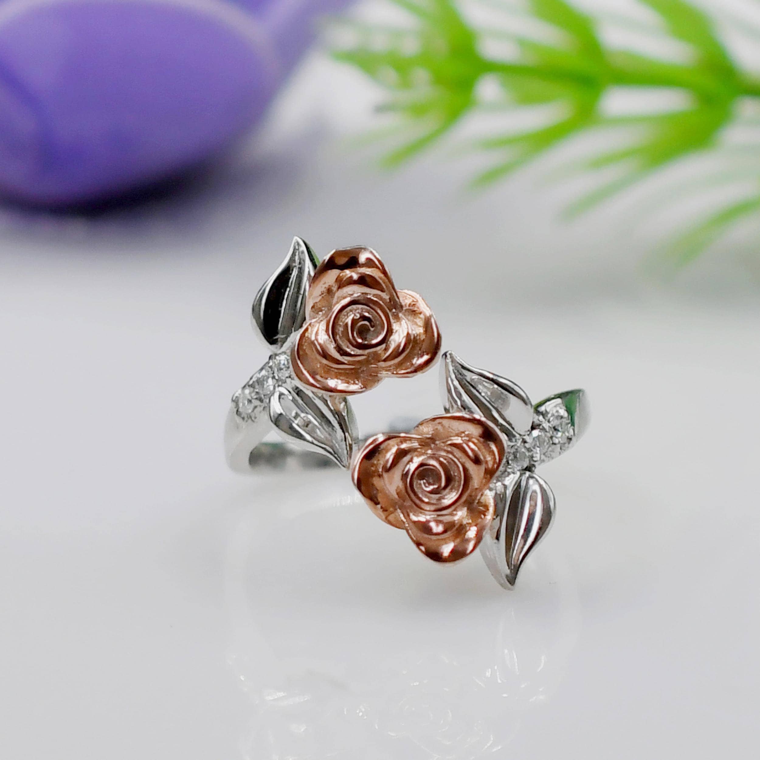 Moissanite Rose Flower Ring: 925 Sterling Silver Leaf Band - Etsy