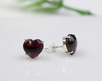 Garnet Heart Stud Earrings: 925 Sterling Silver, Handmade Gemstone Studs