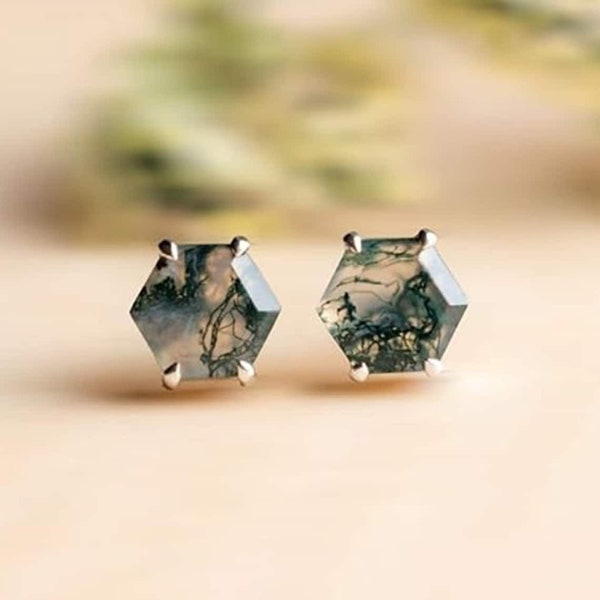 Pendientes hexagonales de ágata musgosa: Pendientes de plata de ley 925