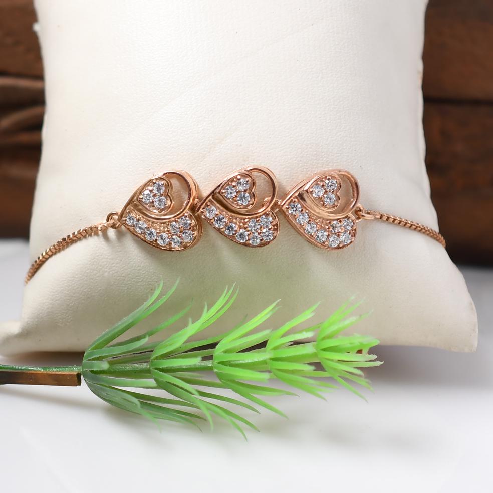 Triple Heart Bracelet, 925 Sterling Silver, Pave CZ Bracelet