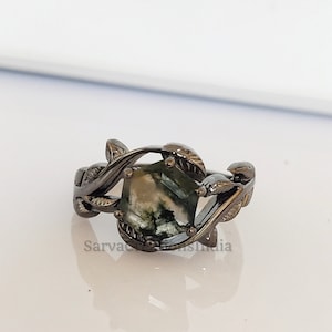 Hexagon Cut Moss Agate Ring, Leaf Ring, Sterling Silver Ring, Engagement Ring, Nature Ring, Green Stone Ring, Moss Agate Jewelry
