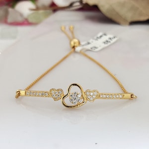 Triple Heart Charm Bracelet, 925 Sterling Silver, Dainty Pave Heart Bracelet, Romantic Love Bracelet, Adjustable CZ Bracelet, Gift for Her