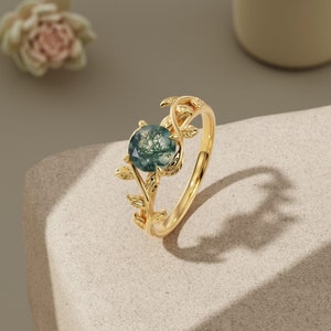 Natural Moss Agate Leaf Ring, 925 Sterling Silver, Statement Ring, Round Green Gemstone  Ring, Nature Inspired, Engagement Ring, Women Ring