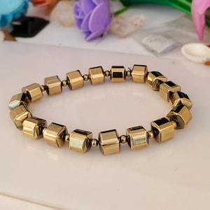 Natural Pyrite Bracelet, Fool&#39;s Gold Bracelet, Stretchable Bracelet, Money Attraction Stone, Gemstone Bracelet, Christmas Gift