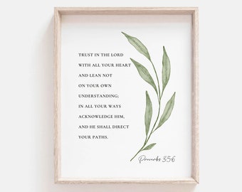 Proverbs 3:5-6 Trust in the Lord with all your heart Bible Verse Print Botanical Scripture Wall Art, Baptism Gift, Digital Download