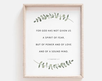 2 Timothy 1:7 Bible Verse Watercolor Botanical Scripture Wall Art Sign For Christian Home Decor Baptism Gift Instant Digital Download