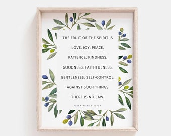 Fruit of the Spirit Galatians 5 22 Scripture Wall Art Print, Botanical Bible Verse Print Inspirational Christian Wall Decor Digital Download