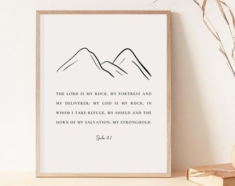 Psalm 18:2 The Lord Is My Rock Bible Verse Wall Art Mountain Scripture Sign Printable for Christian Home Baptism Gift Digital Download