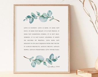 1 Corinthians 13:4-8 Love is Patient Love is Kind Bible Verse Watercolor Botanical Scripture Sign Wall Art Christian Home Digital Download