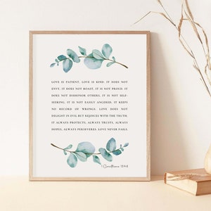 1 Corinthians 13:4-8 Love is Patient Love is Kind Bible Verse Watercolor Botanical Scripture Sign Wall Art Christian Home Digital Download