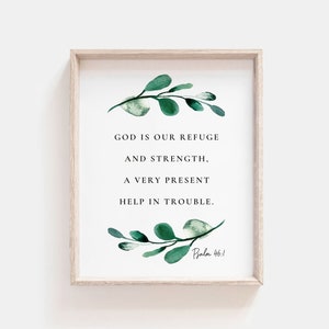Psalm 46:1 Bible Verse Wall Art Botanical Scripture Printable Sign for Christian Home, God is our Refuge and Strength Digital Download