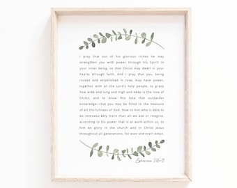 Ephesians 3:16-21 Wall Art Print, Bible Verse Poster, Christian Botanical Scripture Wall Art Sign Printable, Baptism Gift, Digital Download