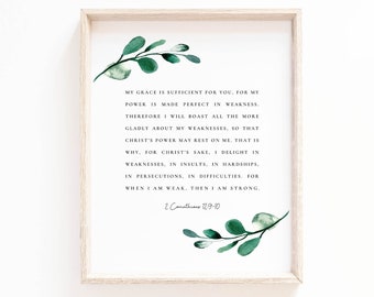 2 Corintios 12:9-10 Mi gracia es suficiente para ti Biblia Verso Pared Arte Botánico Escritura Imprimir Bautismo Cristiano Regalo Descarga Digital