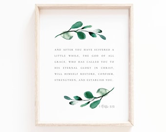 1 Petrus 5:10 Bijbelvers botanische print, christelijk interieur (digitale download)