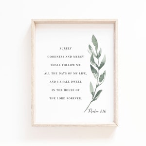 Psaume 23:6 Bible Verset Art Mural Écriture Botanique Impression pour Christian Home Decor Nursery Signe d’art mural, Cadeau de baptême, Téléchargement numérique