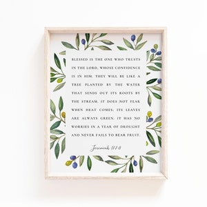 Jeremiah 17:7-8 Blessed is the One Bible Verse Wall Art Print, Botanical Scripture Wall Art, Christian Botanical Print, Digital Download