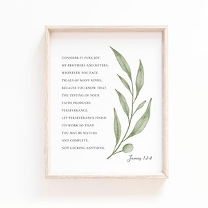 Jacques 1:2-4 Bible Verset Imprimer Écriture botanique Art mural pour la maison chrétienne, Don de baptême, Considérez-le comme une joie pure, Téléchargement numérique