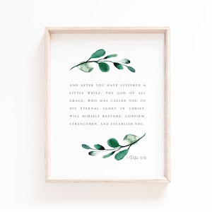 1 Peter 5:10 Bible Verse Wall Art Botanical Scripture Print for Christian Home Decor Watercolor Bible Verse Baptism gift, Digital Download