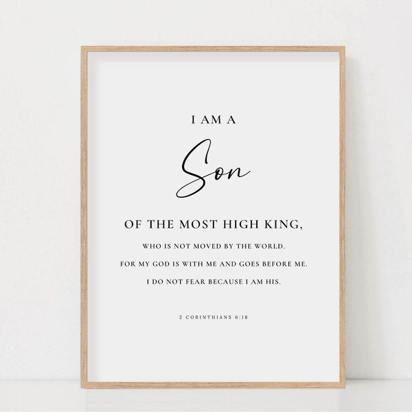 I am a son of a King 2 Corinthians 6:18 Bible Verse Wall Art Print Minimal Scripture Sign Boy Nursery Wall Art, Digital Download