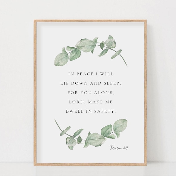 Psalm 4:8 In Peace I Will Lie Down And Sleep Bible Verse Wall Art Botanical Scripture Print For Christian Home Decor, Digital Download