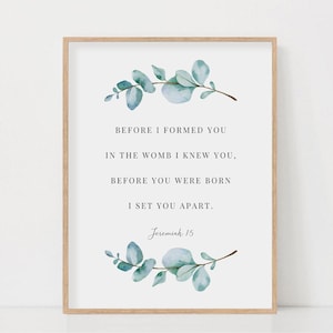 Jeremiasz 1:5 Zanim ukształtowałem cię w łonie dziecka, werset biblijny, sztuka ścienna do pokoju dziecięcego, znak botaniczny, wydrukowany prezent na baby shower, wydruk cyfrowy