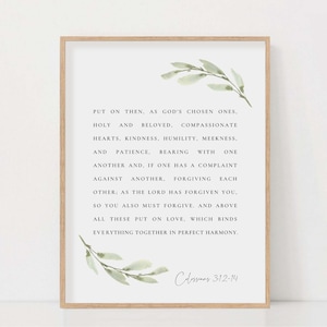 Colossians 3:12-14 Bible Verse Watercolor Botanical Scripture Wall Art Sign Print For Christian Home Decor Baptism Gift Digital Download