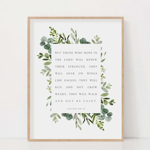 Ésaïe 40:31 Bible verset aquarelle botanique écriture Wall Art signe impression pour Christian Home Decor baptême cadeau, téléchargement numérique instantané