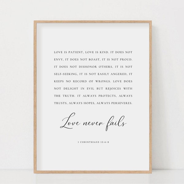 1 Corinthians 13:4-8 Love Is Patient Love Is Kind Love Never Fails Bible Verse Wall Art Print Scripture Wedding Sign Instant Download