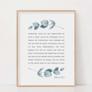 Hebreos 12:1-2 Versículo de la Biblia Imprimir Arte de la pared de las Escrituras botánicas para el hogar cristiano, Corramos con perseverancia, Descarga digital