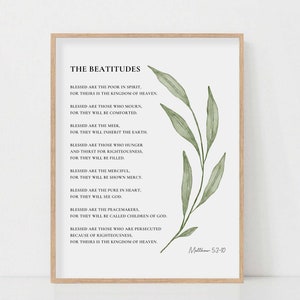 El arte de la pared de las bienaventuranzas Mateo 5: 3-10 Bendiciones cristianas Versículo de la Biblia Arte de la pared Impresión Acuarela Botánica Escritura Cartel Descarga instantánea