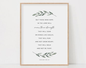 Isaiah 40:31 Bible Verse Print Watercolor Botanical Scripture Wall Art For Christian Home Decor, Baptism Gift, Digital Download
