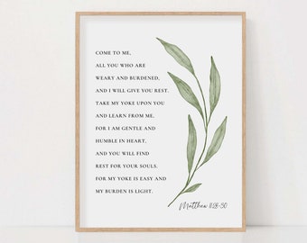 Matthew 11:28-30 Bible Verse Watercolor Botanical Scripture Wall Art Sign Print Christian Home Decor Baptism Gift Instant Digital Download