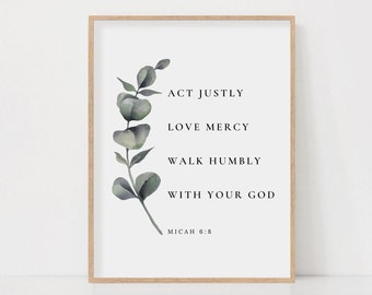 Micah 6:8 Bible Verse Watercolor Botanical Scripture Wall Art Sign Printable For Christian Home Decor Baptism Gift Instant Digital Download