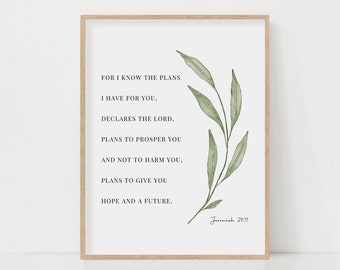 Jeremiah 29:11 Bible Verse Watercolor Botanical Scripture Wall Art Sign Print for Christian Home Decor Baptism Gift Digital Download